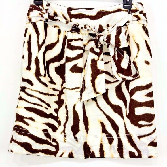 Banana Republic Brown White Animal Print 100% Linen Sash Waist Mini Skirt - Picture 1 of 15